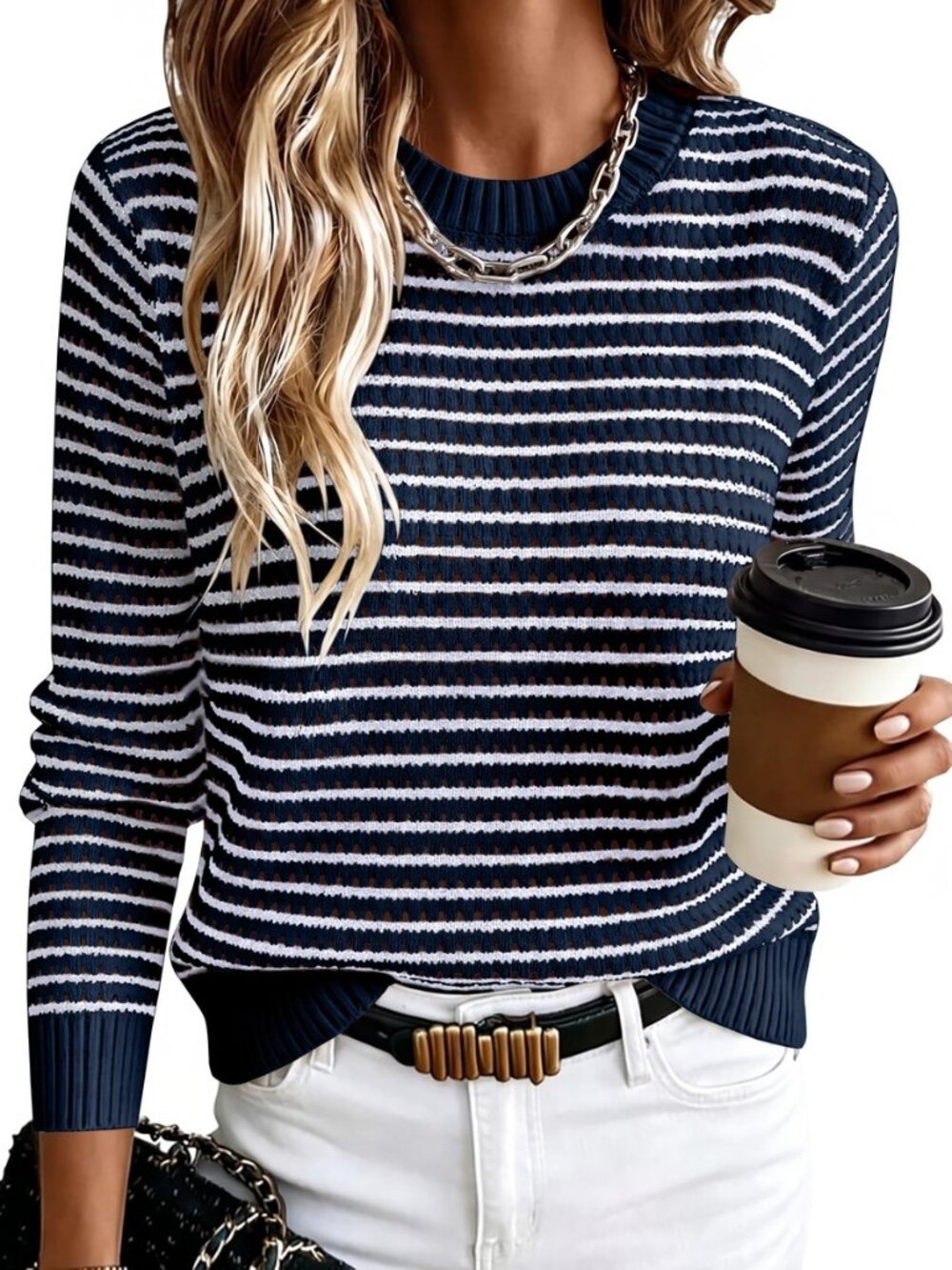 Womens Fall Long Sleeve Striped Crochet Sweaters Top